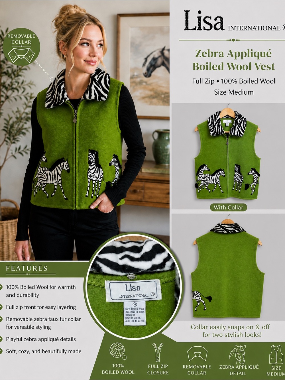 Lisa International Boiled Wool Zebra Appliqué Vest Removable Collar Green M